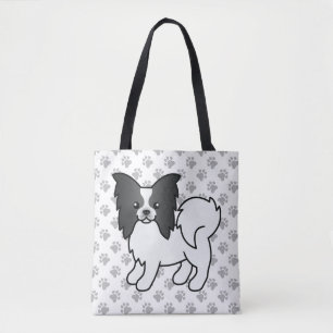 Black And White Papillon Cute Cartoon Dog & Paws Tote Bag