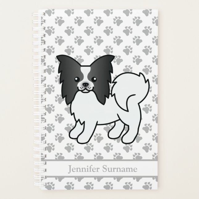 Black And White Papillon Cute Cartoon Dog & Text Planner (Front)