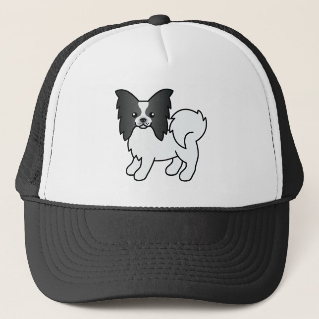 Black And White Papillon Cute Cartoon Dog Trucker Hat (Front)