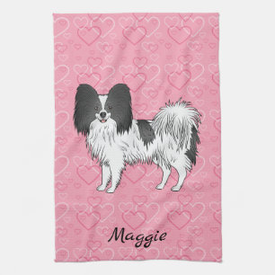 Black And White Papillon Cute Dog On Pink Hearts Tea Towel