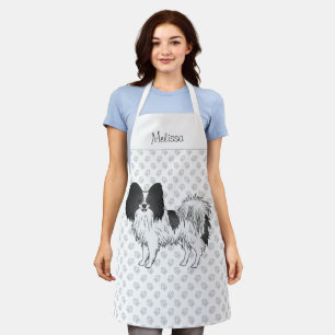 Black And White Papillon Cute Dog With Custom Text Apron