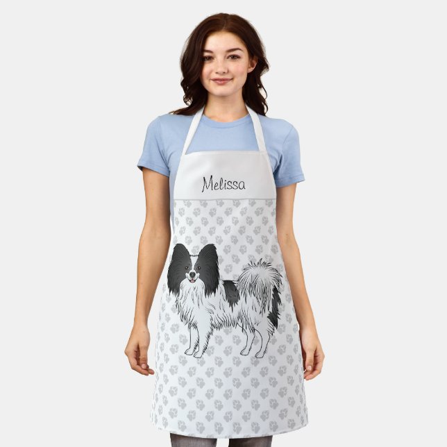 Black And White Papillon Cute Dog With Custom Text Apron (Worn)
