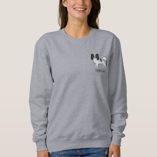 Black And White Papillon Cute Dog With Custom Text Sweatshirt (Front)