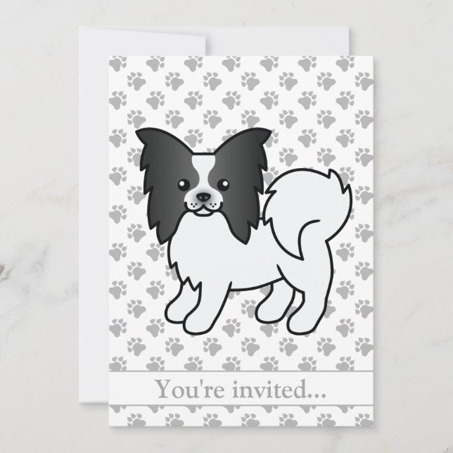 Black And White Papillon Dog Birthday Party Invitation (Front)