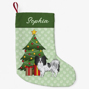 Black And White Papillon Dog By A Christmas Tree Small Christmas Stocking