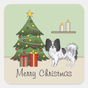 Black And White Papillon Dog By A Christmas Tree Square Sticker