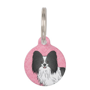 Black And White Papillon Dog Head On Pink Hearts Pet Tag