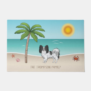 Black And White Papillon Dog Tropical Summer Beach Doormat