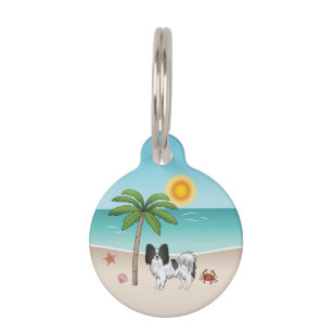 Black And White Papillon Dog Tropical Summer Beach Pet Tag