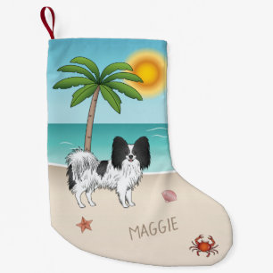 Black And White Papillon Dog Tropical Summer Beach Small Christmas Stocking
