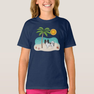 Black And White Papillon Dog Tropical Summer Beach T-Shirt