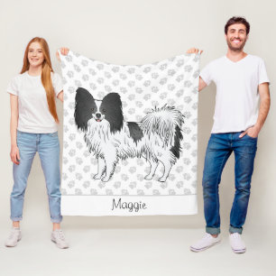 Black And White Papillon Dog With Paws And Name Fleece Blanket