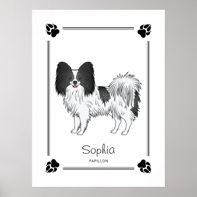 Black And White Papillon Dog With Paws And Text Poster (Front)