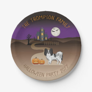 Black And White Papillon & Halloween Haunted House Paper Plate