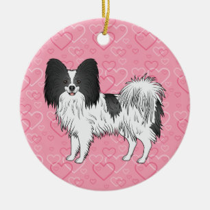 Black And White Papillon Pink Hearts Pet Memorial Ceramic Tree Decoration