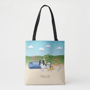 Black And White Papillon With Agility Equipment Tote Bag