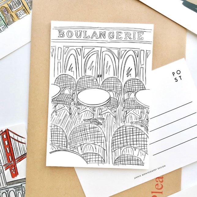 Black and White Paris Cafe Boulangerie Postcard (Black and white sketch Paris Boulangerie travel postcard.)
