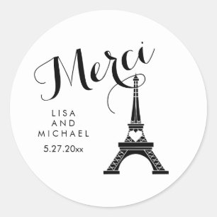 Black and White Paris Eiffel Tower Wedding Merci Classic Round Sticker