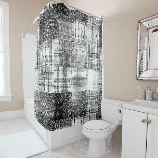 Black and White Patchwork Quilt Texture Pattern Shower Curtain (In Situ)