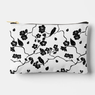 Black and White Pattern Birds on Cherry Blossoms Accessory Pouch
