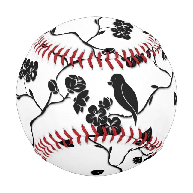 Black and White Pattern Birds on Cherry Blossoms   Baseball (Front)
