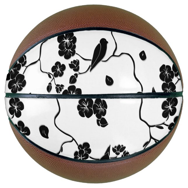 Black and White Pattern Birds on Cherry Blossoms   Basketball (Front)