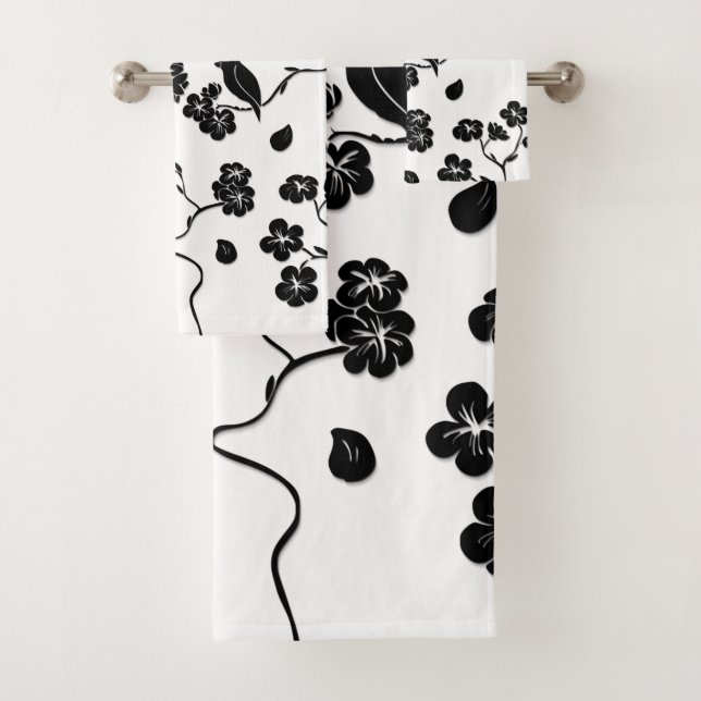 Black and White Pattern Birds on Cherry Blossoms   Bath Towel Set (Insitu)