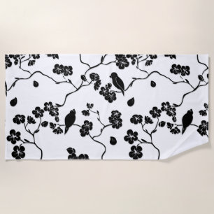 Black and White Pattern Birds on Cherry Blossoms   Beach Towel