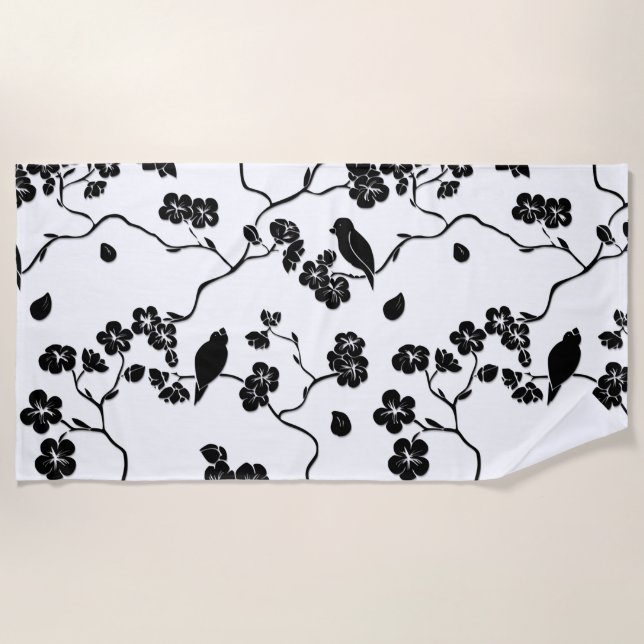 Black and White Pattern Birds on Cherry Blossoms   Beach Towel (Front)