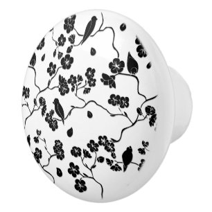 Black and White Pattern Birds on Cherry Blossoms   Ceramic Knob