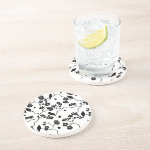 Black and White Pattern Birds on Cherry Blossoms Coaster