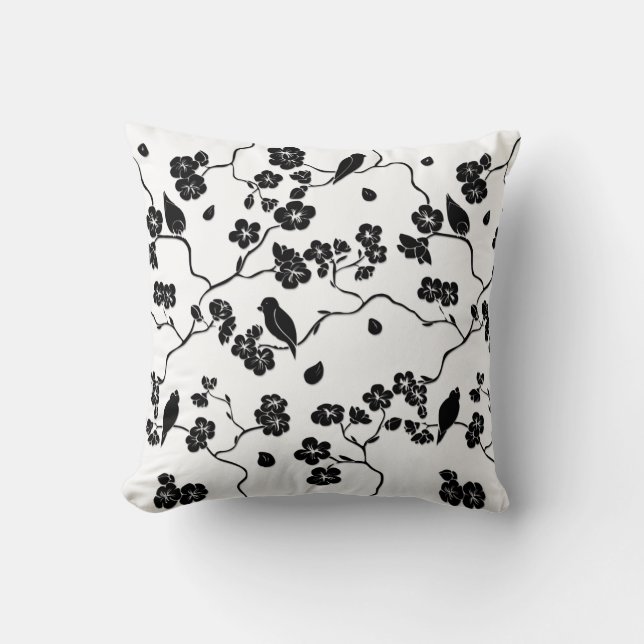 Black and White Pattern Birds on Cherry Blossoms Cushion (Front)