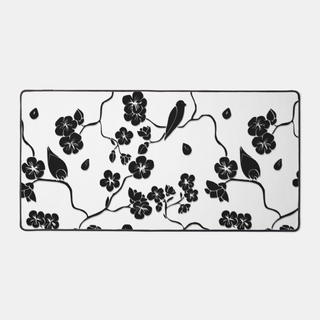 Black and White Pattern Birds on Cherry Blossoms   Desk Mat (Front)