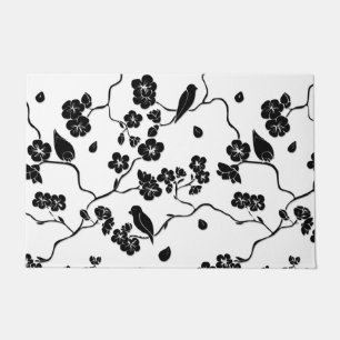 Black and White Pattern Birds on Cherry Blossoms Doormat