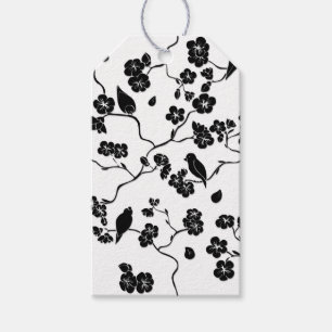 Black and White Pattern Birds on Cherry Blossoms Gift Tags