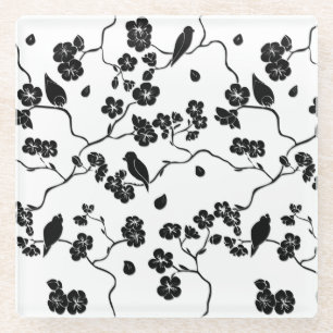 Black and White Pattern Birds on Cherry Blossoms Glass Coaster