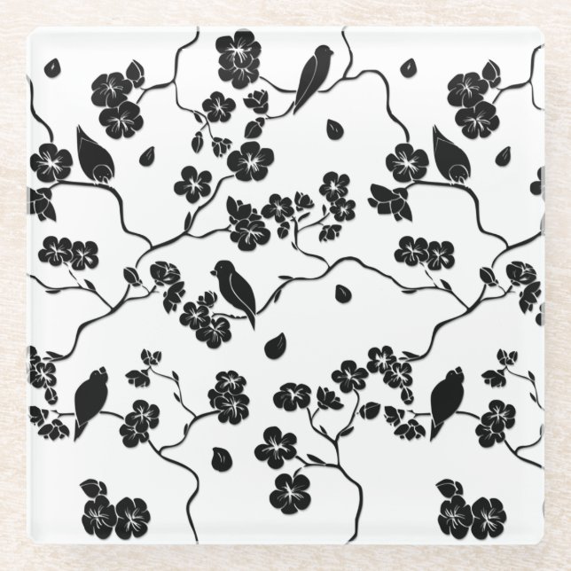 Black and White Pattern Birds on Cherry Blossoms Glass Coaster (Front)