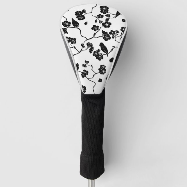 Black and White Pattern Birds on Cherry Blossoms   Golf Head Cover (Front)