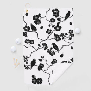 Black and White Pattern Birds on Cherry Blossoms   Golf Towel