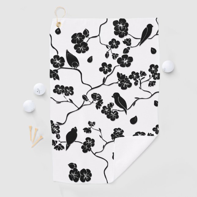 Black and White Pattern Birds on Cherry Blossoms   Golf Towel (InSitu)