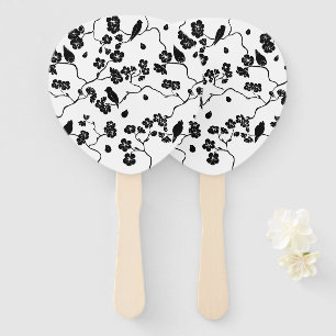 Black and White Pattern Birds on Cherry Blossoms Hand Fan