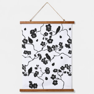 Black and White Pattern Birds on Cherry Blossoms   Hanging Tapestry