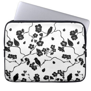 Black and White Pattern Birds on Cherry Blossoms Laptop Sleeve