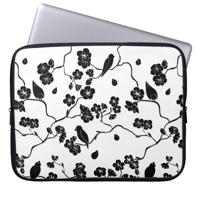 Black and White Pattern Birds on Cherry Blossoms Laptop Sleeve (Front)