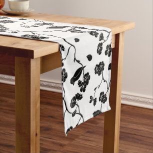 Black and White Pattern Birds on Cherry Blossoms Long Table Runner