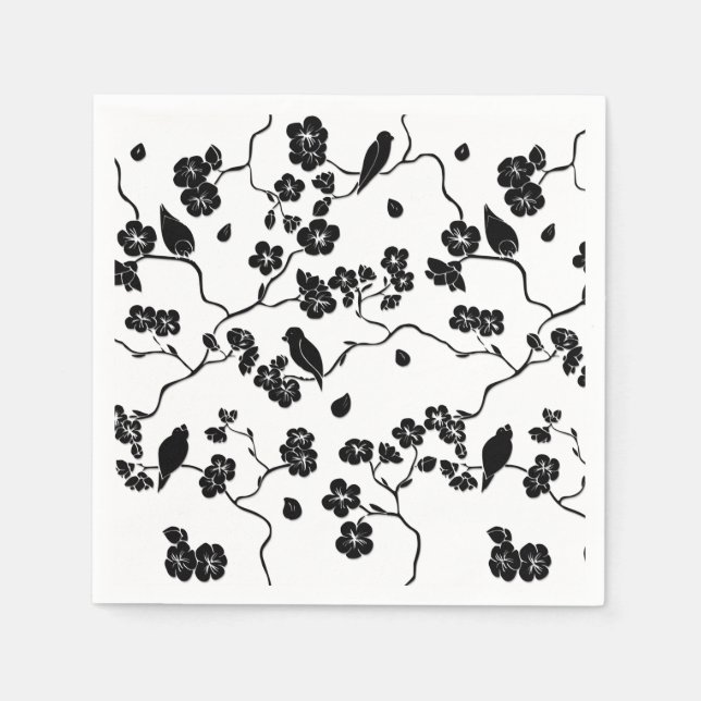 Black and White Pattern Birds on Cherry Blossoms   Napkin (Front)