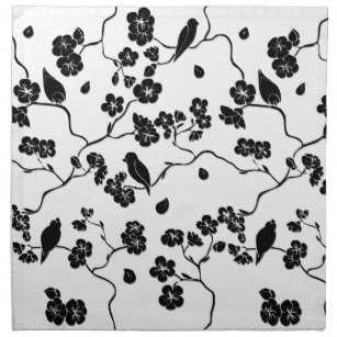 Black and White Pattern Birds on Cherry Blossoms   Napkin