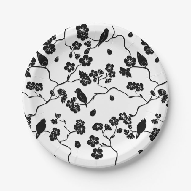 Black and White Pattern Birds on Cherry Blossoms   Paper Plate (Front)
