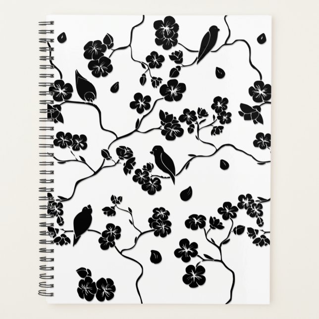 Black and White Pattern Birds on Cherry Blossoms   Planner (Front)