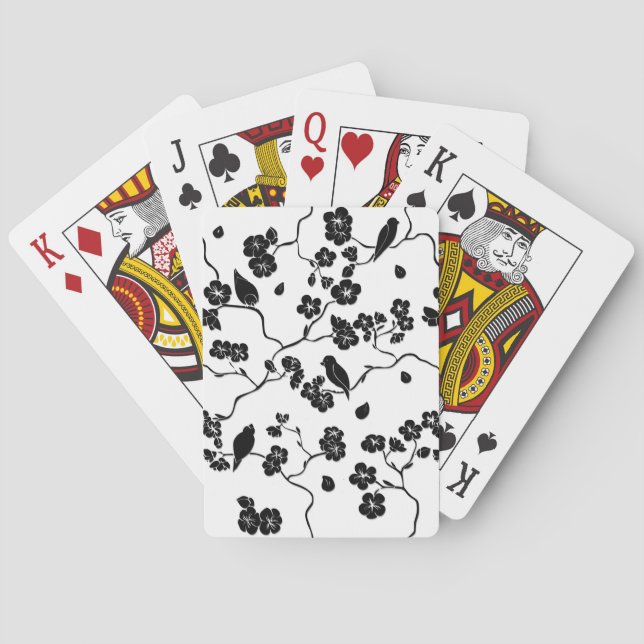 Black and White Pattern Birds on Cherry Blossoms   Playing Cards (Back)